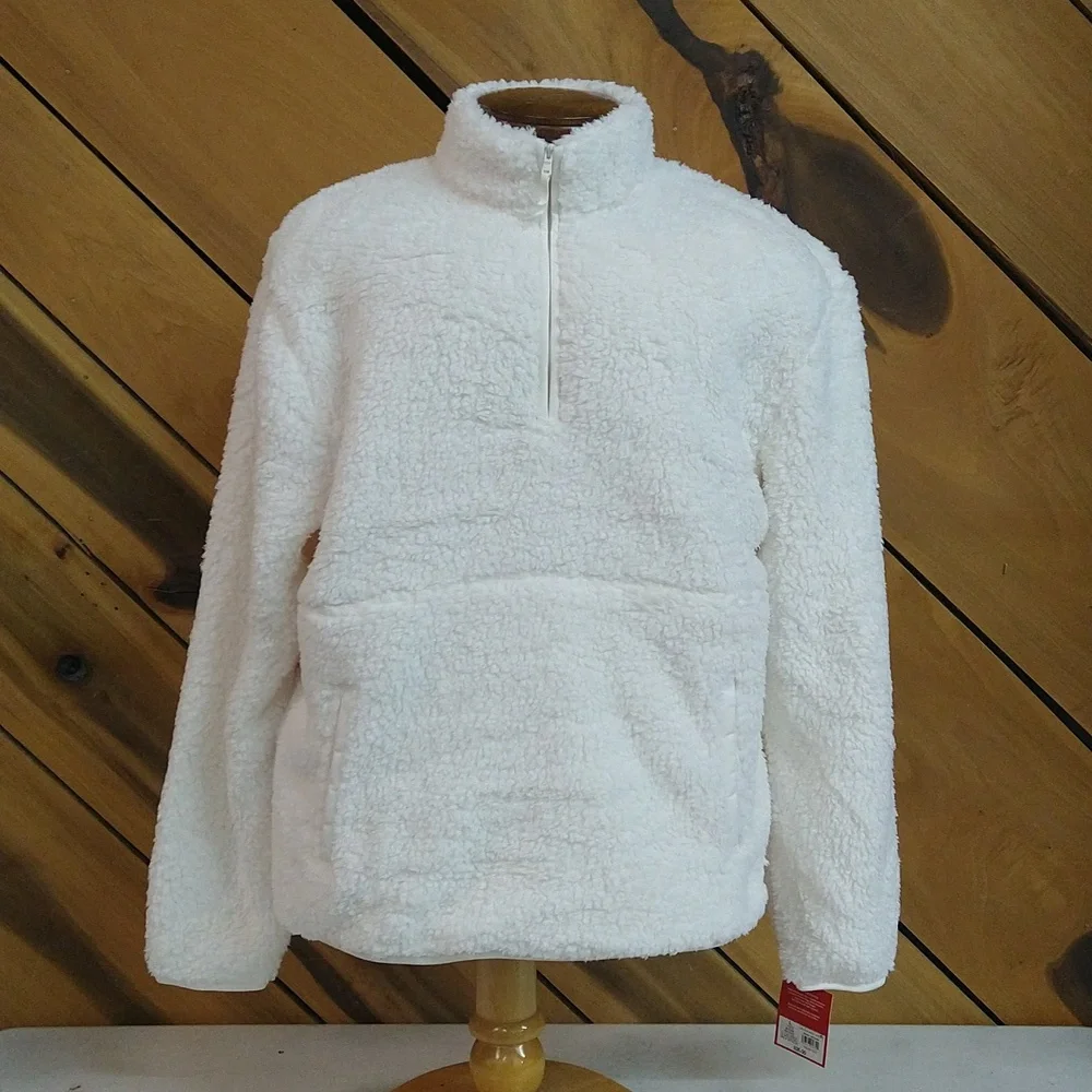 NEW! Men's Faux Shearling Sherpa Half Zip-Up Sweatshirt Pullover, White - Picture 2 of 14